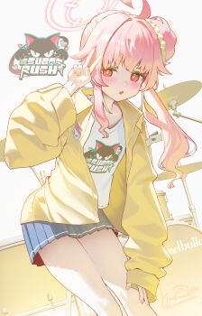 1girl ahoge alternate_costume blue_archive blue_skirt blush drum drum_set halo highres instrument jacket kiramarukou long_hair long_sleeves looking_at_viewer natsu_(band)_(blue_archive) natsu_(blue_archive) open_clothes open_jacket open_mouth pink_hair pink_halo pleated_skirt red_eyes shirt side_ponytail simple_background skirt solo twitter_username v white_shirt yellow_jacket
