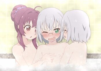 2girls absurdres bath blush breasts brown_eyes glasses green_eyes groping highres huge_filesize ikeda_chitose ikeda_chizuru incest indoors loli long_hair looking_at_another molestation multiple_girls nipples okaasan_(okaasandx) one_eye_closed open_mouth purple_hair short_hair siblings sisters small_breasts smile sugiura_ayano twincest twins white_hair yuri yuruyuri