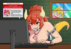 1boy 2girls blonde_hair bowsette breasts computer cuckquean highres horns kiss large_breasts mario mario_(series) monster_girl multiple_girls nintendo open_mouth princess_peach red_eyes ree_hair sharp_teeth tail teeth tony_kuusisto watching window