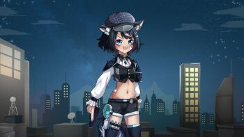 1girl absurdres animal_ear_fluff animal_ears badge belly black_hair blue_eyes building commission dog_ears dog_tail dress fangsie_fido hair_ornament hairclip highres indoors jewelry knee_up knees_up looking_at_viewer multiple_girls navel necklace night night_sky open_mouth pants shirt short_hair shorts sky skyscraper solo standing tail thighhighs thighs variance_project virtual_youtuber