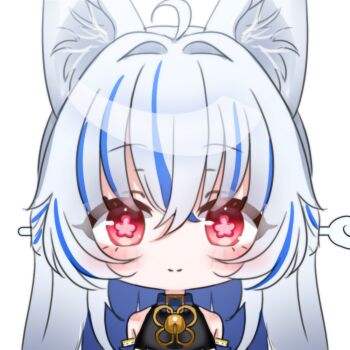 Rule 34 | 1girl, ahoge, animal ear fluff, animal ears, bell, big head, blue streaks, blush, chibi, chibi only, commentary request, flower-shaped pupils, flower knot, fox ears, hair between eyes, hair intakes, hair ornament, hair stick, half updo, jingle bell, kim geubung, korean commentary, neck bell, original, portrait, red eyes, simple background, solo, straight-on, symbol-shaped pupils, white background, white hair