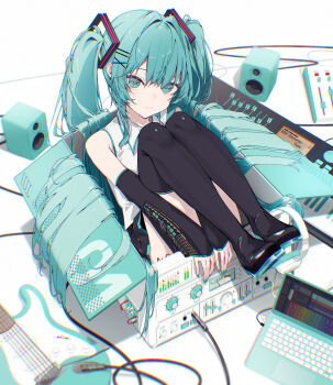 1girl bare_shoulders black_boots black_sleeves boots box closed_mouth collared_shirt commentary_request computer detached_sleeves green_eyes green_hair hair_between_eyes hair_ornament hairclip hatsune_miku highres in_box in_container laptop long_hair long_sleeves looking_at_viewer mayogii shirt sleeveless sleeveless_shirt sleeves_past_wrists smile solo speaker thigh_boots twintails very_long_hair vocaloid white_background white_shirt x_hair_ornament