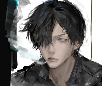 Rule 34 | 1boy, alternate hair color, black hair, black shirt, cigarette, curly eyebrows, facial hair, hair over one eye, hhyy090, highres, male focus, mustache stubble, one piece, sanji (one piece), shirt, sketch, smoking, solo, stubble