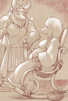 1boy 1girl asgore_dreemurr chair claws closed_eyes commentary_request crip fangs furry furry_female furry_male goat_horn hand_on_own_stomach hatching_(texture) headband leex looking_at_another monochrome muscular muscular_male open_mouth pregnant puff_of_air rocking_chair sepia sitting skin_fangs smile tank_top toriel undertale utdr_(toby_fox)