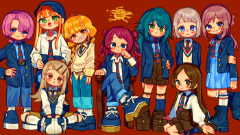 6+girls absurdres arimura_mao blonde_hair blue_jacket blush brown_hair commentary crossed_legs diagonal-striped_clothes diagonal-striped_necktie dress_shirt english_commentary everyone flipped_hair fujita_kotone full_body gakuen_idolmaster green_hair grey_hair grin hanami_saki hand_on_own_hip highres himesaki_rinami idolmaster jacket katsuragi_lilja kneeling knees_apart_feet_together kuramoto_china looking_at_viewer moai_(more_e_4km) mole mole_under_eye multiple_girls necktie orange_hair pink_hair platform_shoes red_background school_uniform shinosawa_hiro shirt shiun_sumika shoes shorts simple_background sitting smile sneakers standing straight_hair striped_clothes suspender_shorts suspenders sweater_vest tsukimura_temari twintails two-tone_necktie white_shirt