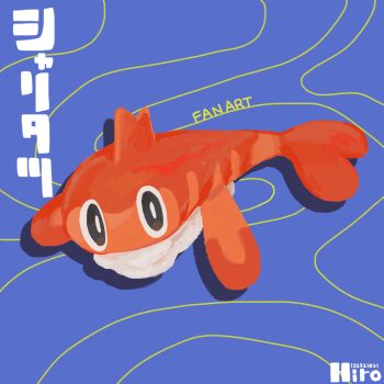 black_eyes bright_pupils colored_skin commentary_request fins fish fish_(food) food highres nigirizushi nintendo no_humans orange_skin pokemon pokemon_(creature) pokemon_focus pokemon_sv simple_background sushi tatsugiri white_pupils