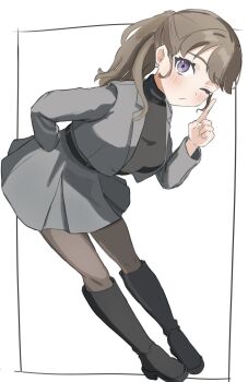 1girl bent_over black_boots black_pantyhose black_sweater boots brown_hair formal_clothes fujishima_megumi fujishima_megumi_(post-graduation) full_body grey_jacket grey_skirt highres index_finger_raised jacket knee_boots link!_like!_love_live! long_hair looking_at_viewer love_live! miniskirt open_clothes open_jacket pantyhose pleated_skirt ponytail purple_eyes sidelocks skirt skirt_suit solo suit suit_jacket sweater turtleneck turtleneck_sweater virtual_youtuber wotan_(wotandesu)