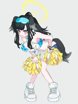 1girl animal_ears black_hair blue_archive blue_eyes blush breasts cheerleader commentary_request dog_ears dog_girl dog_tail goggles goggles_on_head halo hibiki_(blue_archive) hibiki_(cheer_squad)_(blue_archive) highres holding holding_pom_poms long_hair looking_at_viewer millennium_cheerleader_outfit_(blue_archive) official_alternate_costume onionegi open_mouth pom_pom_(cheerleading) pom_poms simple_background skirt solo star_(symbol) star_sticker sticker sticker_on_arm sticker_on_face tail white_background yellow_halo