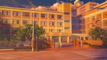 3d arsenixc building bush clock cloud crosswalk curtains door evening fence gate highres lamppost mixed-language_commentary no_humans original power_lines railing road scenery school sunset tree utility_pole watermark window