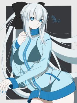 1girl absurdres bikini bikini_under_clothes black_bikini black_bow blue_eyes bow braid breasts commentary_request fate/grand_order fate_(series) grey_hair hair_bow highres jacket koma315ht large_breasts long_hair long_sleeves looking_at_viewer morgan_le_fay_(fate) ponytail see-through_clothes see-through_jacket sidelocks smile solo swimsuit thighs very_long_hair zipper