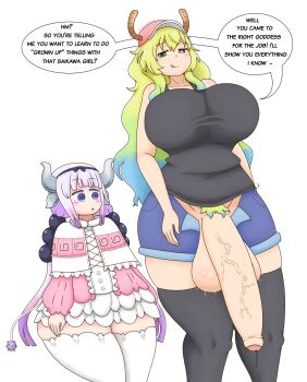 1futa 1girl :o age_difference ass black_thighhighs blue_eyes breasts english_text female_pubic_hair futa_with_female futanari gradient_hair highres horns huge_ass huge_breasts huge_penis huge_testicles kanna_kamui kobayashi-san_chi_no_maidragon loli looking_at_penis lucoa_(maidragon) multicolored_eyes multicolored_hair open_mouth penis pubic_hair simple_background size_difference smile speech_bubble sweat testicles thighhighs tongue tongue_out touhoufan veins veiny_penis white_background white_thighhighs