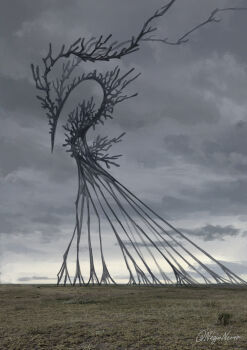 abstract absurdres antlers black_horns eldritch_abomination extra_legs giant giant_monster grey_sky highres horns keselum_(neganeura) monster monster_focus no_humans on_grass original overcast scenery signature sky solo