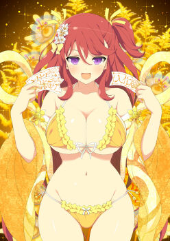 1girl :d armpit_crease ashiya_(senran_kagura) beads between_fingers bikini black_background blush bow breasts card_(medium) cleavage collar cowboy_shot floral_background flower frilled_bikini frills front-tie_bikini_top front-tie_top gold_bikini gold_flower gold_robe gradient_background groin hair_between_eyes hair_bow hair_flower hair_ornament hair_ribbon highres holding holding_paper japanese_clothes kimono large_breasts light_particles long_hair looking_at_viewer micro_bikini navel official_alternate_costume official_art ofuda ofuda_between_fingers one_side_up open_clothes open_mouth open_robe paper purple_eyes red_hair ribbon robe senran_kagura senran_kagura_new_wave side-tie_bikini_bottom side_ponytail smile solo sparkle string_bikini swimsuit underboob white_flower yellow_background yellow_bow yellow_kimono yellow_ribbon