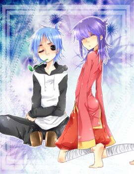 1boy 1girl 2d_(gorillaz) blue_hair gorillaz noodle_(gorillaz) purple_hair wink
