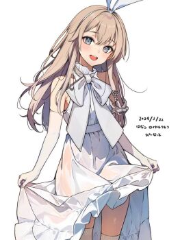 1girl anchor_hair_ornament blonde_hair commentary_request dress elbow_gloves gloves grey_eyes hair_ornament hairband hanako_(peanut) highres kantai_collection long_hair looking_at_viewer official_alternate_costume open_mouth shimakaze_(anniversary)_(kancolle) shimakaze_(kancolle) simple_background skirt_hold sleeveless sleeveless_dress solo thighhighs white_background white_dress white_gloves white_hairband white_theme white_thighhighs