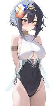amber_(stella_sora) black_hair blush highres ryouta_(ryouta335) short_hair stella_sora swimsuit yellow_eyes