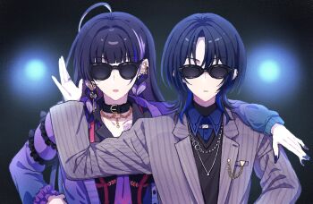 Rule 34 | 2girls, :o, ahoge, arm around shoulder, black collar, black hair, black shirt, black sweater, blue hair, blue shirt, blunt bangs, braid, chest tattoo, closed mouth, collar, collared shirt, commentary request, ear piercing, earrings, fingernails, gold earrings, gradient necktie, grey jacket, hair intakes, hand up, highres, hiodoshi ao, hiodoshi ao (1st costume), hololive, hololive dev is, jacket, jewelry, lapels, linked piercing, long fingernails, long hair, long sleeves, medium hair, meloco kyoran, meloco kyoran (1st costume), multicolored hair, multiple girls, nail polish, necklace, necktie, nijisanji, nijisanji en, open clothes, open jacket, open mouth, parted bangs, piercing, pinstripe jacket, pinstripe pattern, purple hair, purple jacket, purple nails, purple necktie, purple scrunchie, ring, scrunchie, sekka (sekka1202), shirt, side braids, streaked hair, sunglasses, sweater, tattoo, twin braids, upper body, virtual youtuber, wolf cut, wrist scrunchie