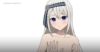 1girl :o black_hairband blue_eyes blush collarbone coro_fae flat_chest grey_hair hairband hand_on_another&#039;s_chest kaguya-sama_wa_kokurasetai_~tensai-tachi_no_renai_zunousen~ long_hair nude portrait shirogane_kei simple_background solo_focus two-tone_hairband white_background white_hairband