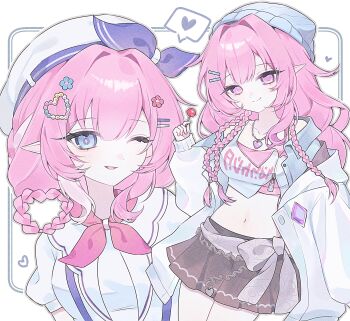 2girls beret black_skirt blue_eyes blue_hat breasts candy crop_top cyrene_(aedes_elysiae)_(honkai:_star_rail) cyrene_(honkai:_star_rail) cyrene_(nylon_japan)_(honkai:_star_rail) cyrene_(ripples_of_past_reverie)_(honkai:_star_rail) dual_persona food hair_rings hashtag-only_commentary hat heart highres holding holding_candy holding_food holding_lollipop honkai:_star_rail honkai_(series) jacket lollipop long_hair medium_breasts midriff miniskirt multiple_girls naty_(x_naty) navel official_alternate_costume pink_hair pointy_ears purple_eyes shirt short_hair simple_background skirt very_long_hair white_background white_jacket white_shirt