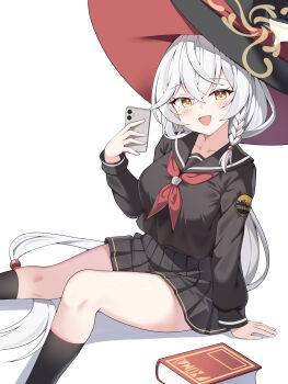 1girl :d absurdres alternate_costume black_serafuku black_skirt blue_archive book commentary eri_(blue_archive) hat highres long_hair looking_at_viewer neckerchief open_mouth pleated_skirt red_neckerchief school_uniform serafuku simple_background sitting skirt smile sob_(submar1089) solo thighs very_long_hair white_background white_hair witch_hat