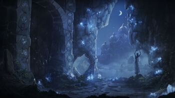 arch cave_interior city crescent crystal fantasy fog gate glowing_crystal highres light_particles magic middle_eastern_architecture night original painterly refiend rock runes scenery signature sky star_(sky) starry_sky statue