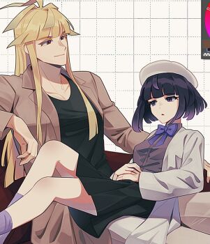 1boy 1girl alternate_costume art_program_in_frame black_hair black_shirt black_skirt blonde_hair blunt_bangs bow bowtie brother_and_sister brown_coat coat commentary_request elulit2 gradient_hair grid_background gwynn_(pokemon) hat ivor_(pokemon) long_hair long_sleeves looking_at_another multicolored_hair nintendo open_clothes open_coat pokemon pokemon_legends:_z-a purple_bow purple_bowtie purple_eyes purple_hair purple_socks red_eyes shirt short_hair siblings sitting sitting_on_lap sitting_on_person skirt socks white_coat white_hat