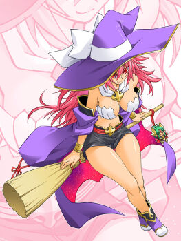 1girl black_shoes black_shorts bow breasts broom broom_riding charm_(object) closed_mouth crop_top daikenja_magiko detached_sleeves from_above gold_bangle gold_trim hat hat_bow highres kageyama_shinobi large_breasts long_hair magiko_magika midriff multicolored_shoes navel pink_hair purple_shoes red_eyes shinrabanshou shoes short_shorts shorts solo white_bow white_shoes witch_hat zoom_layer