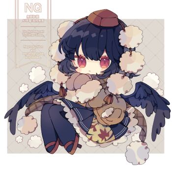 1girl absurdres black_hair black_pantyhose black_skirt black_wings blush_stickers border brown_coat brown_mittens closed_mouth coat commentary_request feathered_wings frilled_skirt frills full_body grey_background grid_background hat highres long_sleeves mittens nikorashi-ka outside_border pantyhose pleated_skirt pom_pom_(clothes) red_eyes red_hat red_shoes shameimaru_aya shoes short_hair skirt solo tokin_hat touhou watermark white_border wings