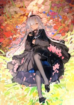 1girl absurdres andersonalac black_choker black_coat black_hairband black_pantyhose black_sailor_collar black_serafuku black_shoes black_skirt blue_archive blue_flower blush choker closed_eyes closed_mouth coat colored_inner_hair flower full_body grey_hair hair_over_one_eye hairband halo highres long_hair long_sleeves multicolored_hair neckerchief open_clothes open_coat orange_flower pantyhose pink_flower pink_hair plana_(blue_archive) pleated_skirt purple_flower red_flower red_halo sailor_collar school_uniform serafuku shoes skirt solo white_flower white_neckerchief yellow_flower