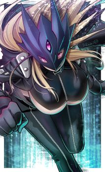 Rule 34 | 1girl, beelstarmon, black coat, black gloves, black pants, black vest, blonde hair, blue background, border, breasts, coat, commentary request, cropped vest, digimon, digimon (creature), eye mask, gloves, highres, large breasts, long hair, mask, open clothes, open coat, pants, running, solo, takemi mochi, third eye, underboob, vest, white border