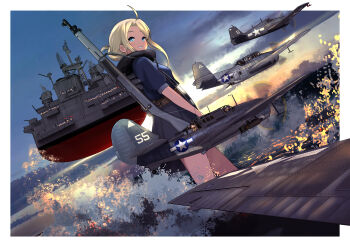6+girls absurdres aircraft airplane asymmetrical_hair belt blonde_hair blue_eyes blue_shirt breasts brown_belt commentary_request fairy_(kancolle) grey_skirt gun hair_bun highres kantai_collection large_breasts mini_person minigirl miniskirt multiple_girls outdoors rifle rigging shirt short_sleeves skirt standing timmyyen wasp_(kancolle) weapon