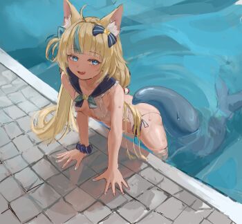 1girl ahoge animal_ear_fluff animal_ears arm_support bikini blonde_hair blue_eyes blue_hair blue_nails blunt_bangs bow breasts capucino_art cat_ears cat_girl fang fins fish_tail hair_bow indie_virtual_youtuber loli long_hair looking_at_viewer multicolored_hair nail_polish open_mouth partially_submerged pool poolside sailor_collar sameko_saba scrunchie side-tie_bikini_bottom small_breasts smile solo streaked_hair swimsuit tail tile_floor tiles twintails virtual_youtuber water wet wrist_scrunchie