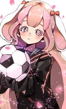 Rule 34 | 1girl, ball, gloves, inazuma eleven (series), inazuma eleven victory road, looking at viewer, mikagami seren, mirina1219, pink hair, simple background, soccer ball, soccer uniform, solo, sportswear, twitter, white background