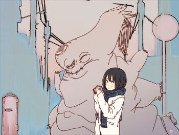 Rule 34 | 1girl, 1other, black hair, can, coat, commentary, fuzuki fuuro, holding, holding can, monster, original, power lines, scarf, short hair, sketch, smile, utility pole