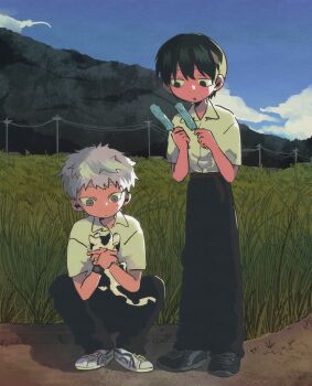 Rule 34 | 2boys, animal, belt, black hair, black pants, black shoes, brown belt, cat, collared shirt, food, grass, hashtag-only commentary, hikaru ga shinda natsu, holding, holding animal, holding cat, holding food, holding popsicle, indou hikaru, looking at another, male focus, melting popsicle, mole, mole on cheek, mole under eye, multiple boys, multiple moles, pants, popsicle, red pupils, school uniform, shirt, shirt tucked in, shoes, short eyebrows, short hair, short sleeves, sitting, standing, tobias (heavenstar), tsujinaka yoshiki, watch, white hair, white shirt, white shoes, wristwatch