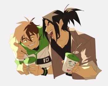 ben_10 ben_10:_omniverse ben_tennyson black_hair closed_eyes cup drinking_straw friends grin hiffuu highres holding holding_cup kevin_levin laughing mr._smoothie ponytail short_hair simple_background smile teeth white_background