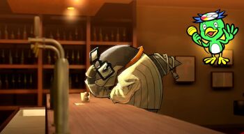 Rule 34 | > <, baka mitai (meme), bar (place), bespectacled, black-framed eyewear, blurry, cable, commentary, creature, creature focus, cup, depth of field, drinking glass, english commentary, gills, glasses, gloves, highres, holding, holding microphone, indoors, jacket, jeff (marvel), kappa, karaoke, kiryu kazuma, marvel, marvel rivals, meme, microphone, official alternate costume, orange shirt, pocho22059768, profile, ryuu ga gotoku (series), ryuu ga gotoku 0, shirt, shot glass, solo, striped clothes, striped jacket, trait connection, white gloves