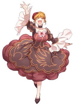 1girl beatrice_(umineko) blonde_hair blush bow breasts closed_eyes flower full_body gem highres hswoimuxk0pwr0h_(bbdan) jewelry large_breasts open_mouth pink_bow red_flower red_gemstone red_rose ring rose sidelocks simple_background smile solo umineko_no_naku_koro_ni white_background
