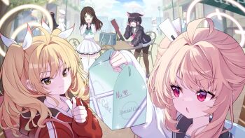 4girls :d after-school_sweets_club_(blue_archive) ahoge airi_(blue_archive) ajeu914 animal_ears black_hair black_hoodie black_pantyhose black_sailor_collar blonde_hair blue_archive blue_sailor_collar bob_cut bow bowtie box bren_lmg brown_hair cat_ears cat_girl chair closed_mouth colored_inner_hair commentary_request day english_text extra_ears eyelashes eyes_visible_through_hair full_body green_bow green_bowtie green_eyes green_halo gun hair_between_eyes hair_intakes hair_ribbon halo hand_up happy highres holding holding_box hood hood_down hoodie jacket kazusa_(blue_archive) leaning_forward light_machine_gun long_hair long_sleeves looking_at_another machine_gun miniskirt multicolored_hair multiple_girls natsu_(blue_archive) open_mouth outdoors pantyhose pink_hair pink_halo pleated_skirt red_eyes red_jacket ribbon sailor_collar school_uniform serafuku shirt short_hair side_ponytail sidelocks skirt sleeves_past_wrists slit_pupils smile smug sparkle standing straight_hair table thighhighs thumbs_up track_jacket triangle_mouth tsurime twintails upper_body v-shaped_eyebrows weapon white_ribbon white_serafuku white_shirt white_skirt yellow_eyes yellow_halo yoshimi_(blue_archive) zettai_ryouiki