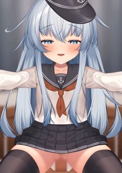 1boy 1girl anchor_symbol animated animated_gif black_thighhighs blue_eyes blue_hair blush censored collarbone commentary_request cowgirl_position flat_cap girl_on_top haiba_09 hat hetero hibiki_(kancolle) indoors kantai_collection loli long_hair looking_at_viewer open_mouth pov pov_crotch school_uniform serafuku sex straddling thighhighs vaginal white_hair