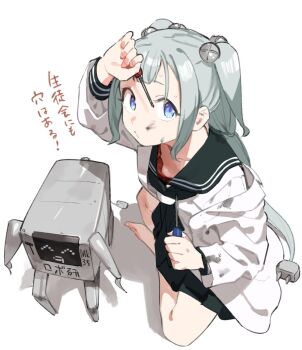 1girl ^_^ aoki_tatsuko bad_id bad_twitter_id barefoot blue_eyes breasts closed_eyes crossed_legs downblouse grey_hair hair_ornament inactive_account lab_coat muchi_maro nipple_slip nipples plug ponytail robot school_uniform screwdriver seitokai_ni_mo_ana_wa_aru! sitting skirt small_breasts twintails wiping_forehead
