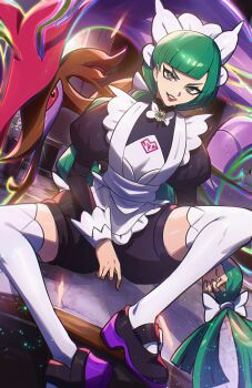 1girl absurdres apron black_romper bow bowtie braid braided_ponytail brown_eyes colored_sclera dragalge fish gen_6_pokemon green_hair highres leafy_seadragon lebanne_(pokemon) long_hair long_sleeves looking_at_viewer maid maid_apron maid_headdress makeup mega_dragalge mega_pokemon mega_stone nintendo open_mouth parted_lips pokemon pokemon_(creature) pokemon_legends:_z-a puffy_sleeves red_eyes red_lips red_sclera romper ryairyai seahorse sitting smile teeth thighhighs thighs white_bow white_bowtie white_thighhighs