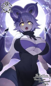 1girl bat_girl bat_wings black_dress black_scarf breasts commentary commentary_request commission covered_navel cowboy_shot double-parted_bangs dress english_commentary fangs full_moon glowing glowing_eyes hair_between_eyes highres huge_breasts looking_at_viewer matsumoto_tomoyohi mixed-language_commentary moon open_mouth original purple_background purple_hair scarf sharp_teeth short_hair skeb_commission sleeveless sleeveless_dress smile solo teeth wings