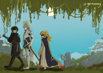 1boy 2girls armor black_robe black_tunic blindfold blonde_hair blue_cloak cassie_(shadow_slave) cloak commentary crown day english_commentary forest from_side full_body geh4sunny grin headless_statue highres long_hair multiple_girls nature nephis_(shadow_slave) outdoors outstretched_hand plant robe scabbard shadow_slave sheath smile statue sunny_(shadow_slave) tunic vines walking white_hair white_robe