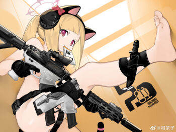 absurdres animal_ear_headphones animal_ears barefoot belt black_gloves blonde_hair blue_archive fake_animal_ears feet foot_against_wall gloves headphones highres holding holding_weapon knife leg_raise medium_hair menthako momoi_(blue_archive) nude object_in_mouth pink_eyes soles standing standing_on_one_leg tail thigh_strap toes weapon
