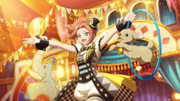 Rule 34 | 1girl, artist request, black hat, breasts, checkered clothes, circus, commentary, cowboy shot, dog, dress, eleanor hume, english commentary, game cg, green eyes, hat, highres, holding hula hoop, hoop, hula hoop, indoors, magician, medium hair, mini hat, mini top hat, official alternate costume, official art, open mouth, pink hair, smile, solo, standing, tales of (series), tales of berseria, tales of crestoria, third-party source, top hat, white dress