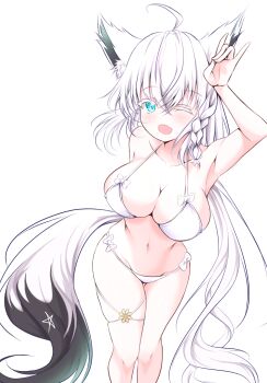 1girl ahoge animal_ear_fluff animal_ears bikini blush braid breasts commentary_request fang fox_ears fox_girl fox_shadow_puppet fox_tail green_eyes hair_between_eyes highres hololive jewelry large_breasts long_hair looking_at_viewer one_eye_closed open_mouth pentagram reborn_(killia_kiryu) shirakami_fubuki sidelocks simple_background single_braid skin_fang solo swimsuit tail thigh_strap virtual_youtuber white_background white_bikini white_hair