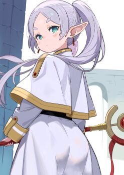 1girl absurdres capelet commentary_request earrings elf frieren green_eyes highres holding jewelry long_hair looking_at_viewer looking_back monomono outdoors pointy_ears solo sousou_no_frieren staff twintails white_capelet