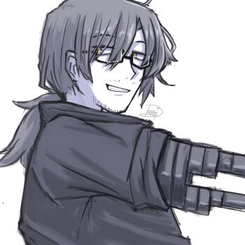 1boy absurdres alternate_costume amputee bags_under_eyes beard_stubble eyes_visible_through_hair facial_hair from_side full_body glasses gregor_(project_moon) greyscale grin hair_between_eyes hair_intakes hair_over_one_eye half-closed_eyes hand_up highres joints limbus_company long_hair long_sleeves looking_back looking_to_the_side low_ponytail male_focus mechanical_arms monochrome official_alternate_costume parted_bangs partially_colored photoshop_(medium) ponytail portrait project_moon prosthesis prosthetic_arm raised_eyebrows rosespanner_workshop_(identity)_(project_moon) semi-rimless_eyewear sideways_glance signature simple_background single_mechanical_arm sleeves_rolled_up smile solo spot_color stubble sweater teeth turtleneck turtleneck_sweater under-rim_eyewear upper_body white_background yellow_eyes