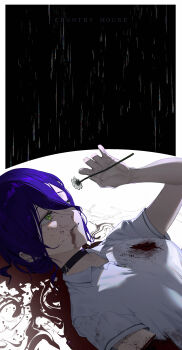 1girl amputee blood blood_on_clothes chainsaw_man flower green_eyes hair_between_eyes highres holding holding_flower imminent_death injury lying on_back purple_hair rain reze_(chainsaw_man) saderirons severed_arm severed_limb solo spoilers white_flower